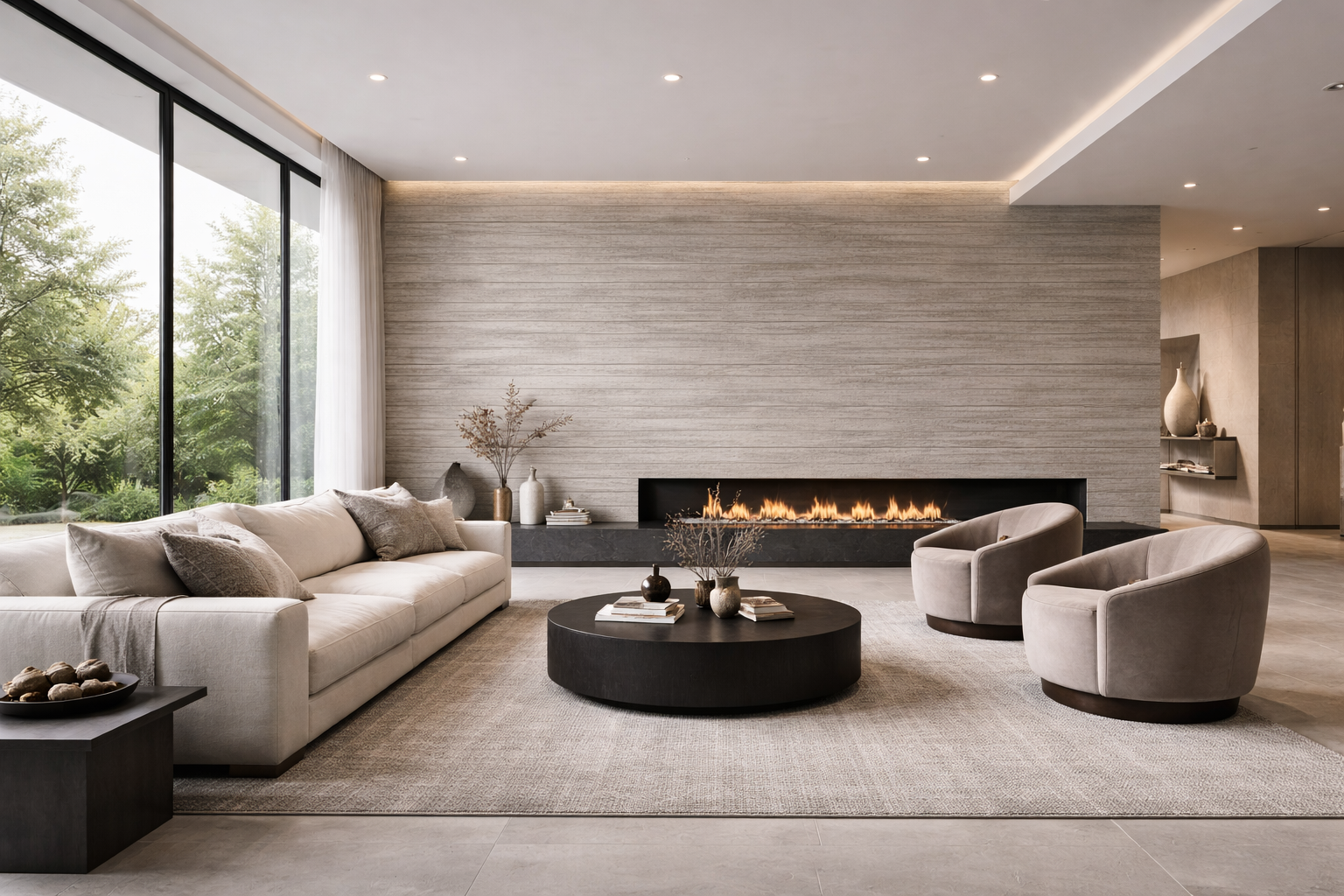 Mid-Grey 3DZ panels installed as feature wall in contemporary living room with ambient lighting