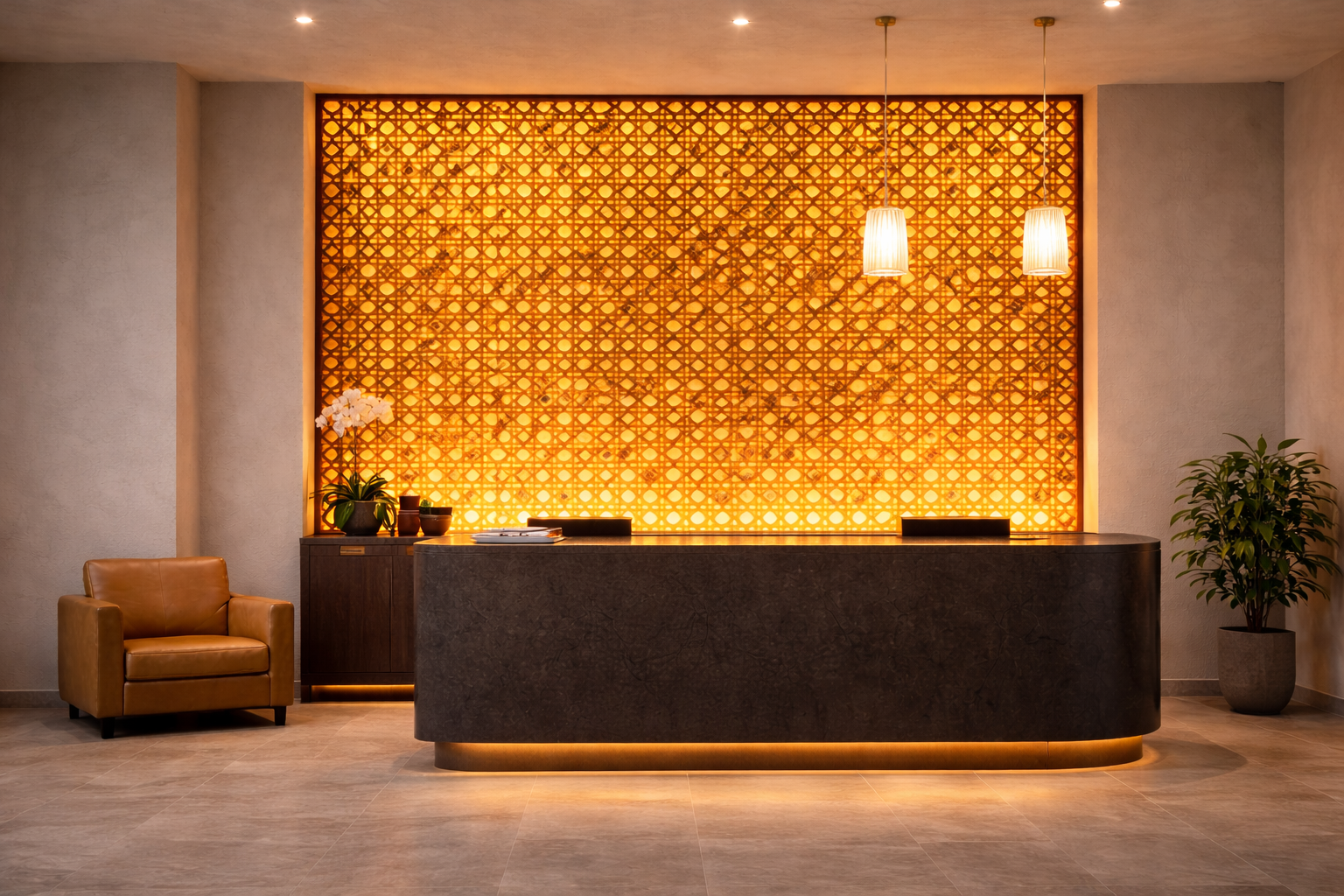 265 Domestic Resin Amber Lattice used as illuminated partition in luxury spa or hotel