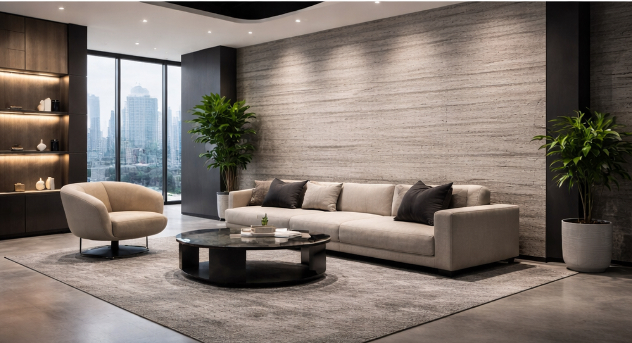 Mid-Grey 3DZ panels installed as feature wall in contemporary living room with ambient lighting